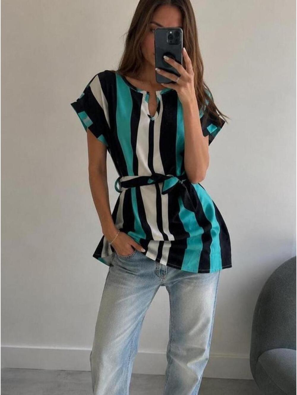 Y2K Teal Black & White Striped Belted Mini Dress